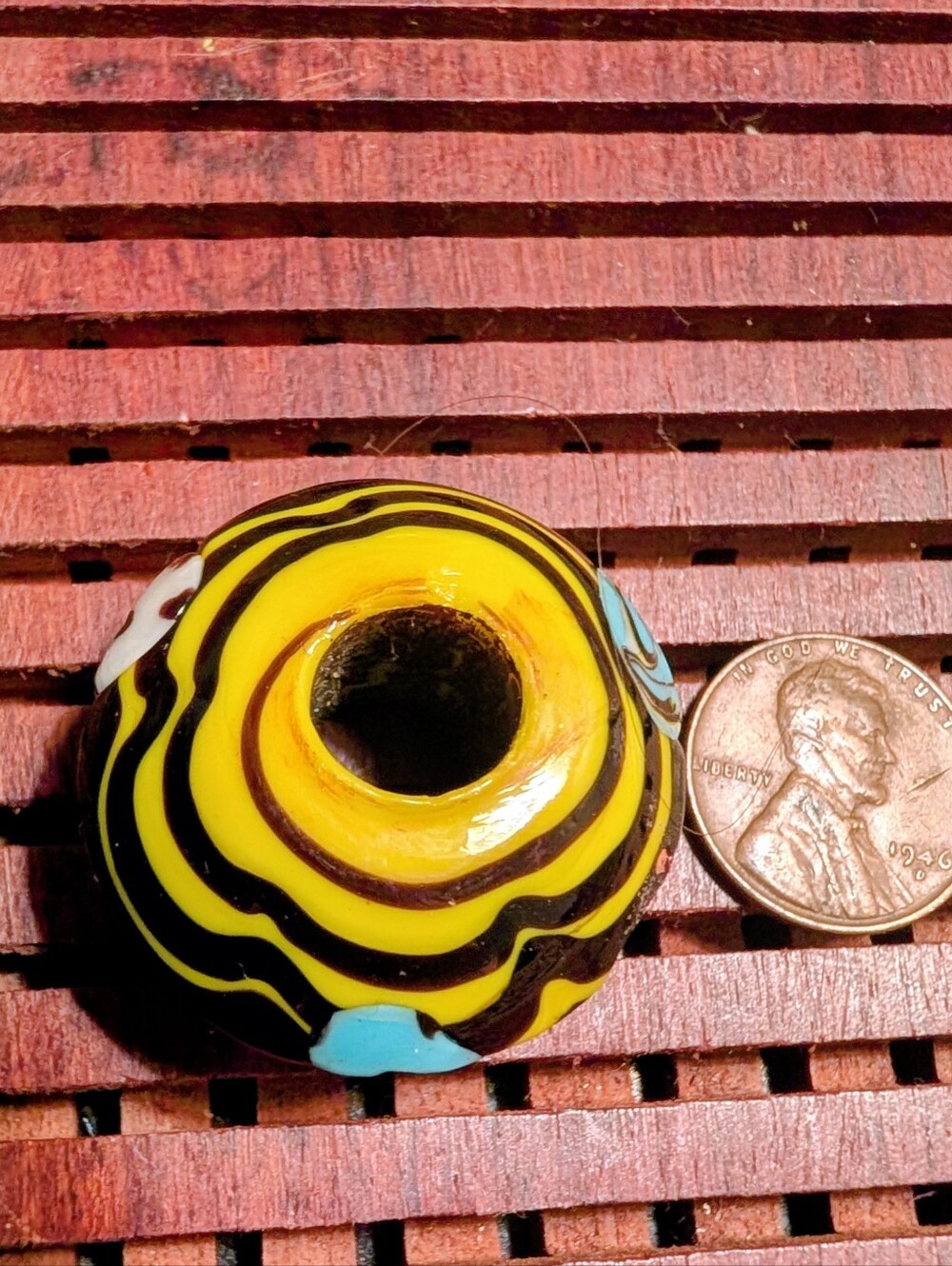 Yellow and Black Swirl Glass Macrame Home Accent Bead